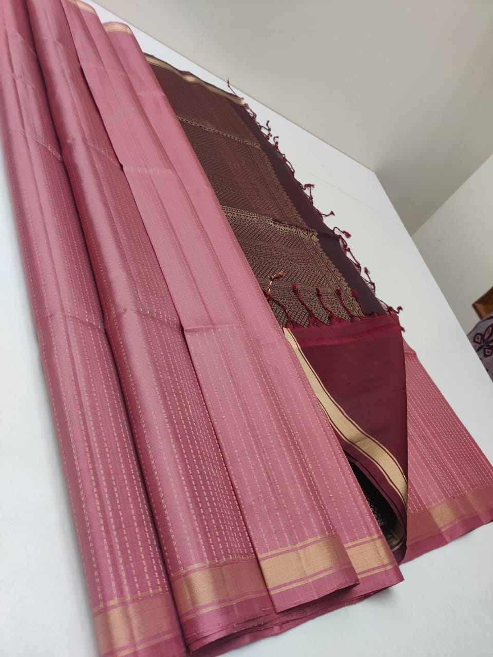 Handloom Silk Saree - Fancy Stripes with Small Zari Border - 1934