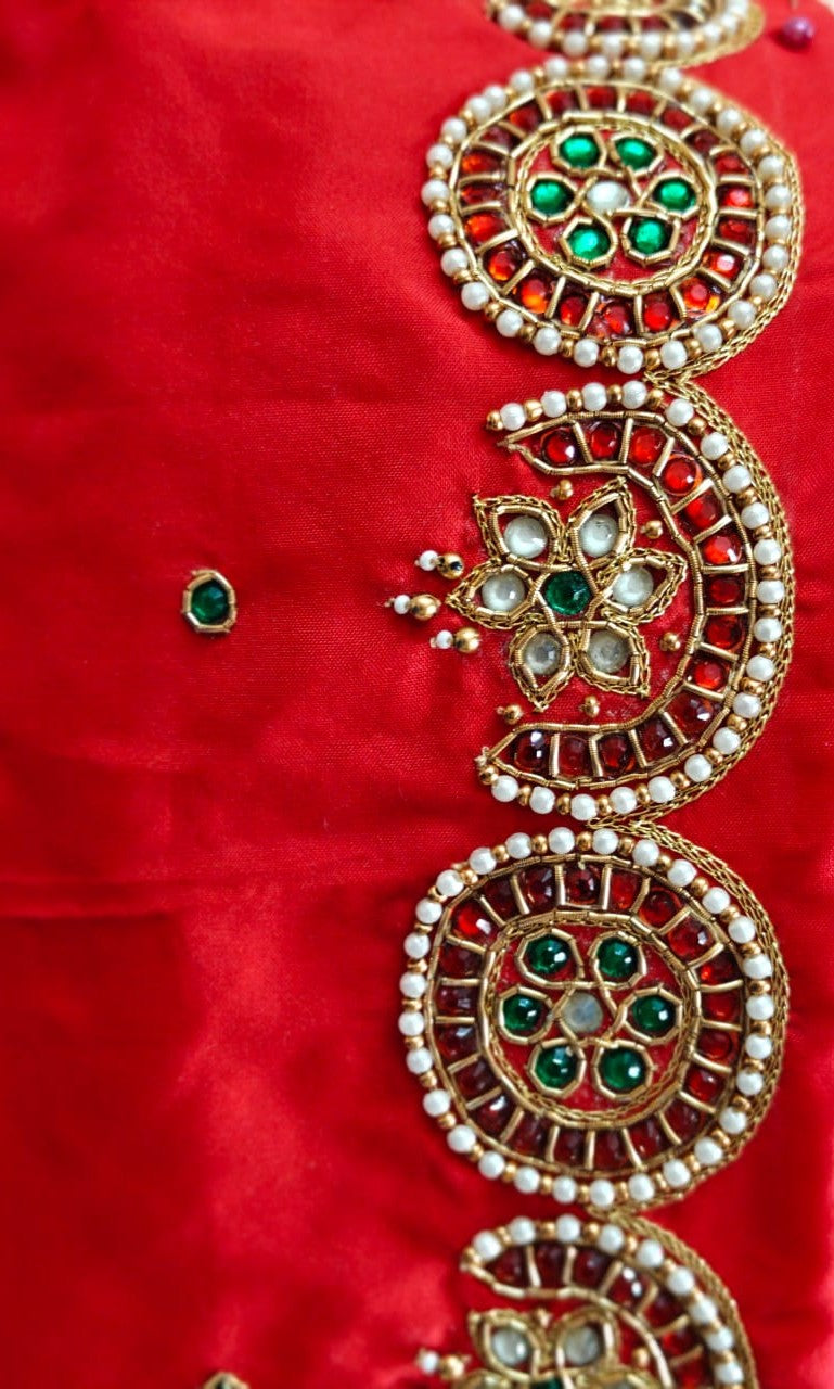 Red Maggam Work Blouse - Unstitched