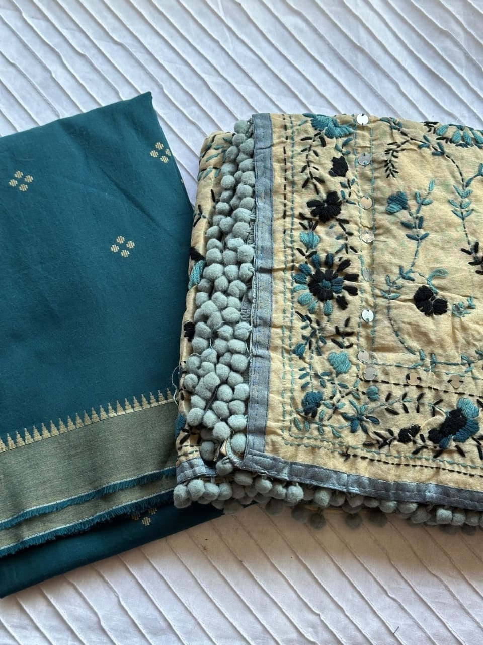 Blue Cotton Kurta Set with Handwork Dupatta - 2087