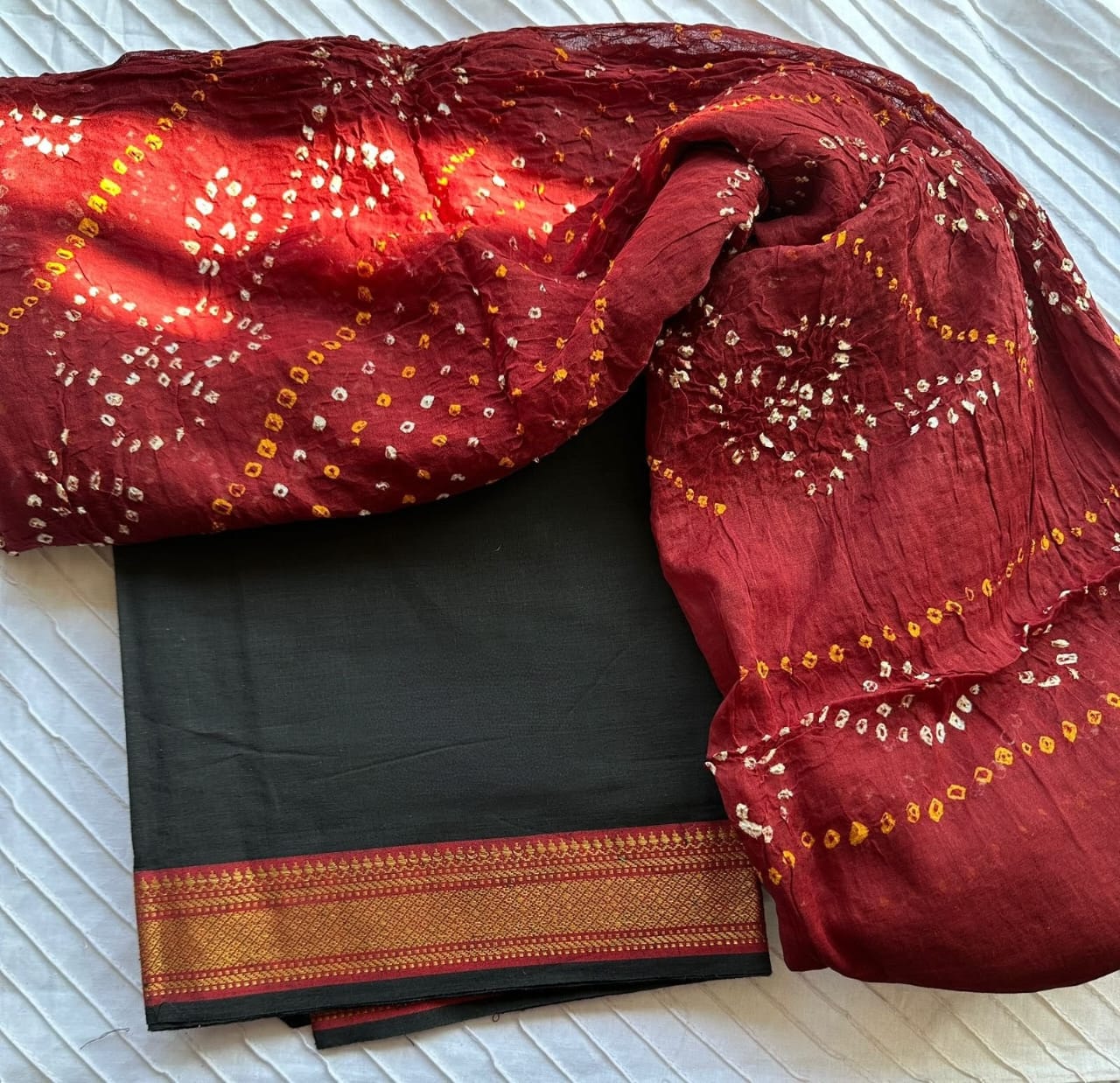 Black & Red Cotton Kurta Set with Bandhani Dupatta - 2092