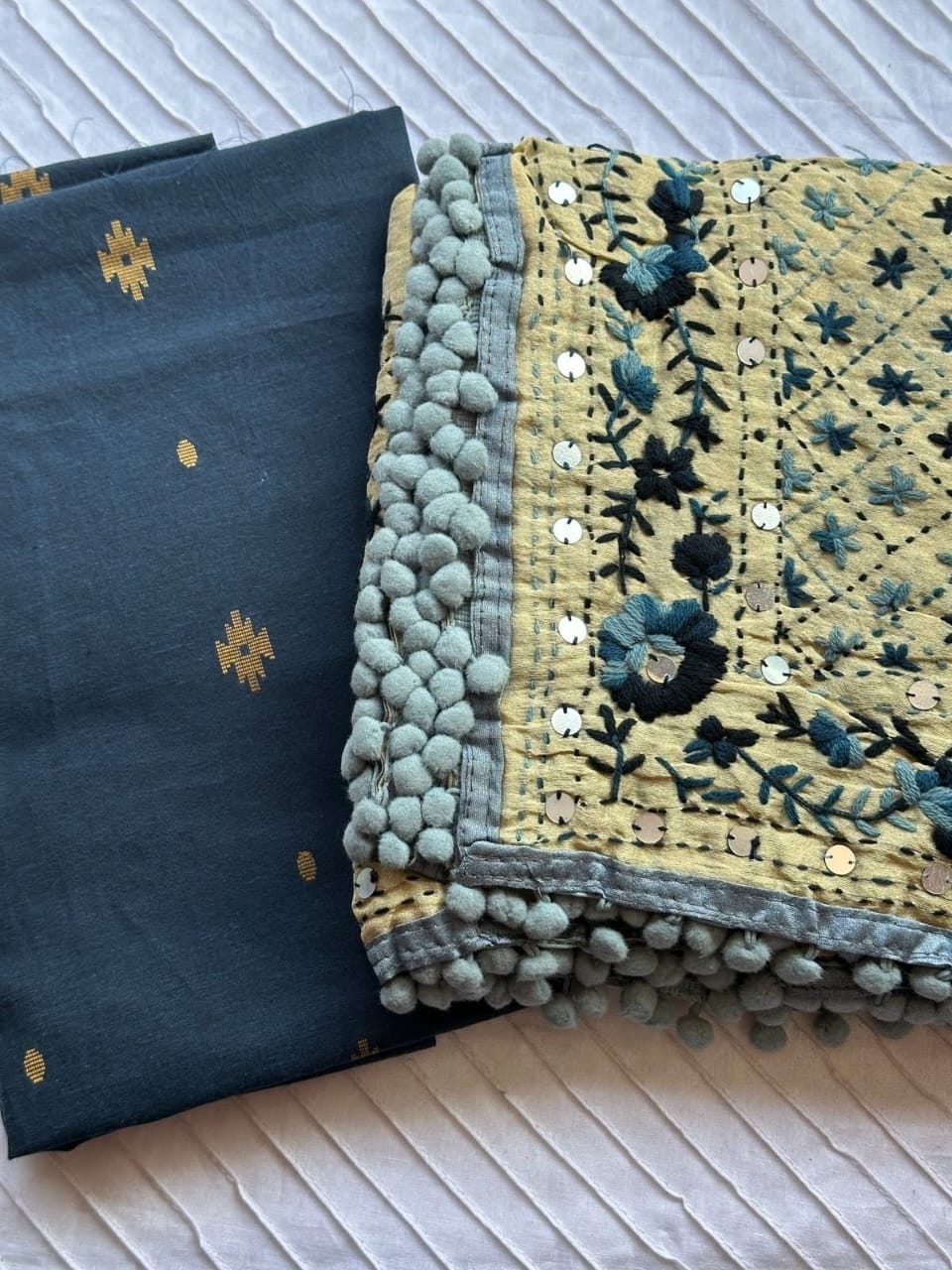 Blue Cotton Kurta Set with Handwork Dupatta - 2086