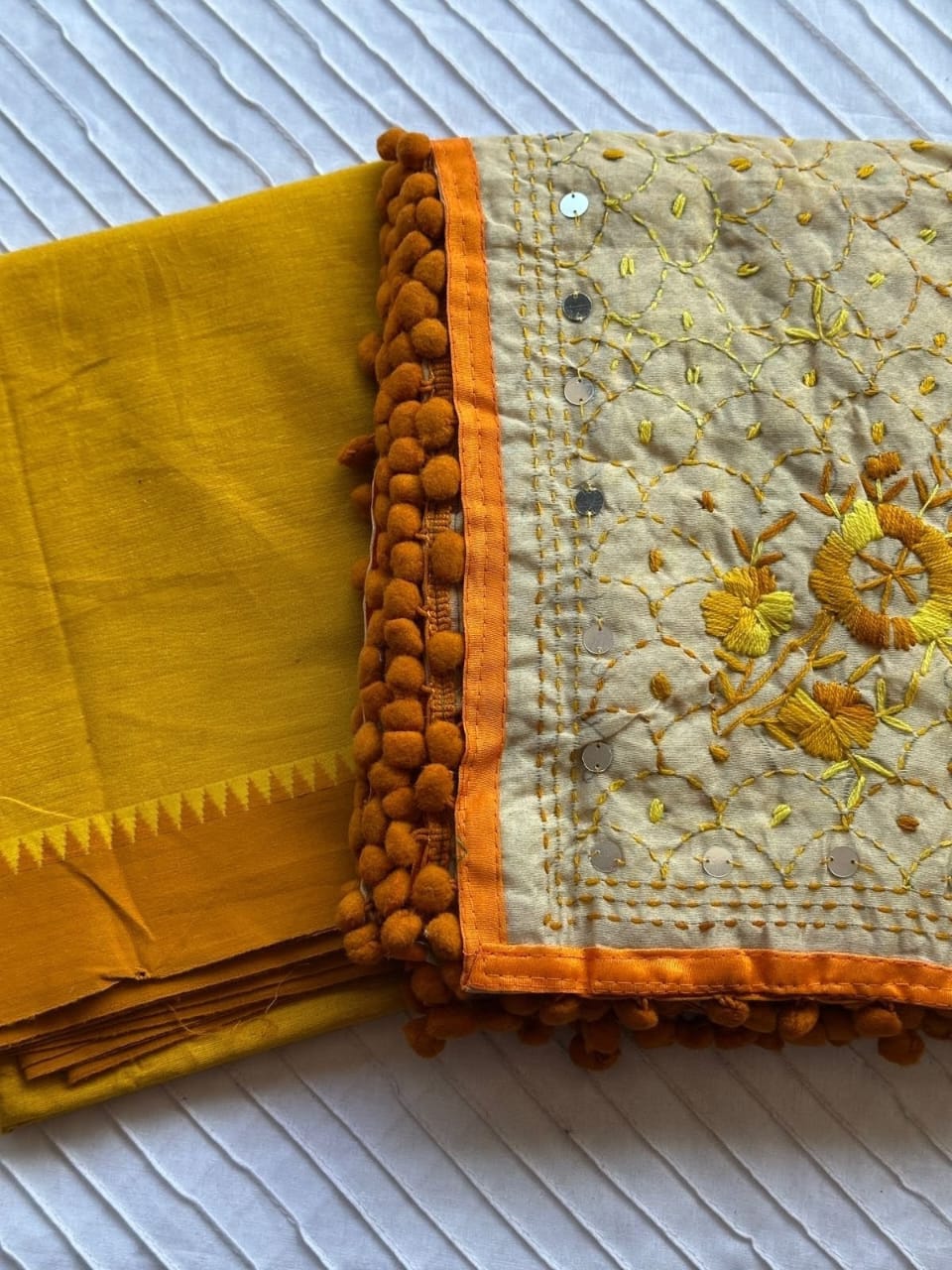 Yellow Cotton Kurta Set with Handwork Dupatta - 2090