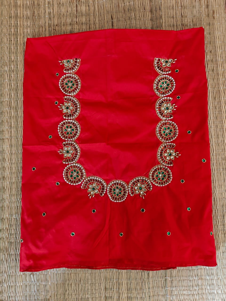 Red Maggam Work Blouse - Unstitched