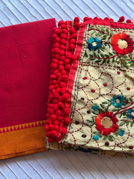 Red Cotton Kurta Set with Handwork Dupatta - 2085