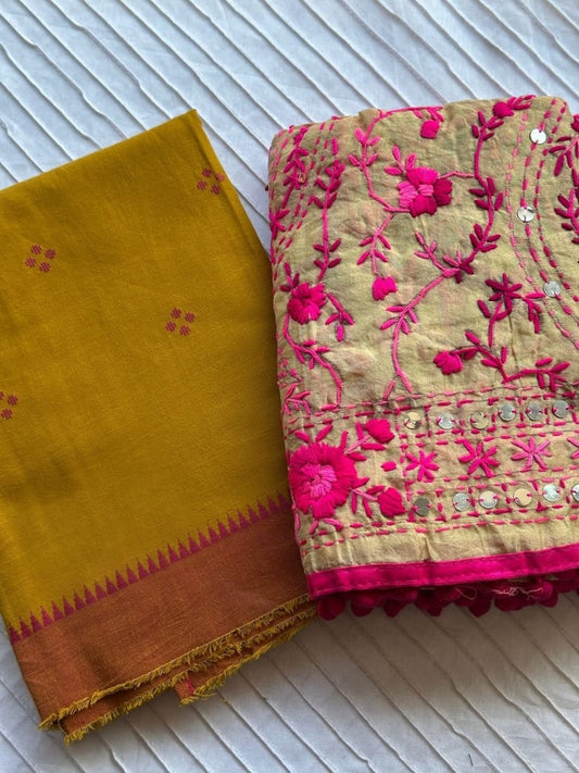 Yellow Cotton Kurta Set with Handwork Dupatta - 2091